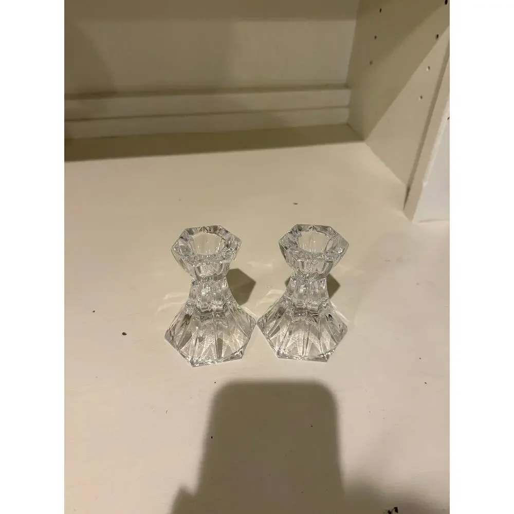 Vintage Clear Cut Crystal Candlestick Holders Pair Hexagonal Base Taper Candle